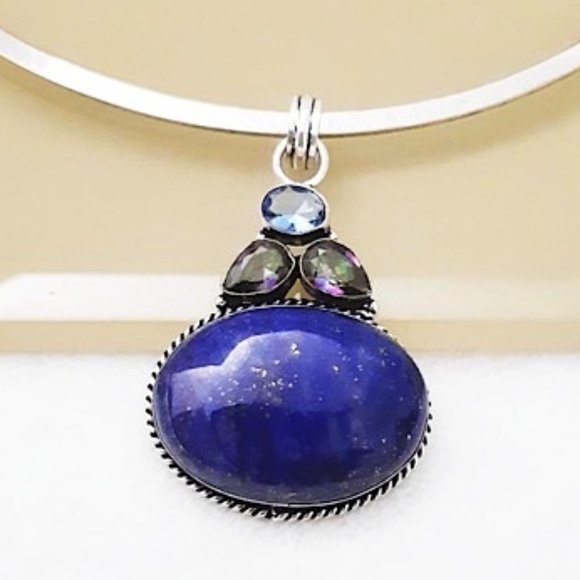Blue Lapis Lazuli (pd7) Multicolor Tourmaline Pendant 925 Silver Plated Jewelry - Picture 1 of 7